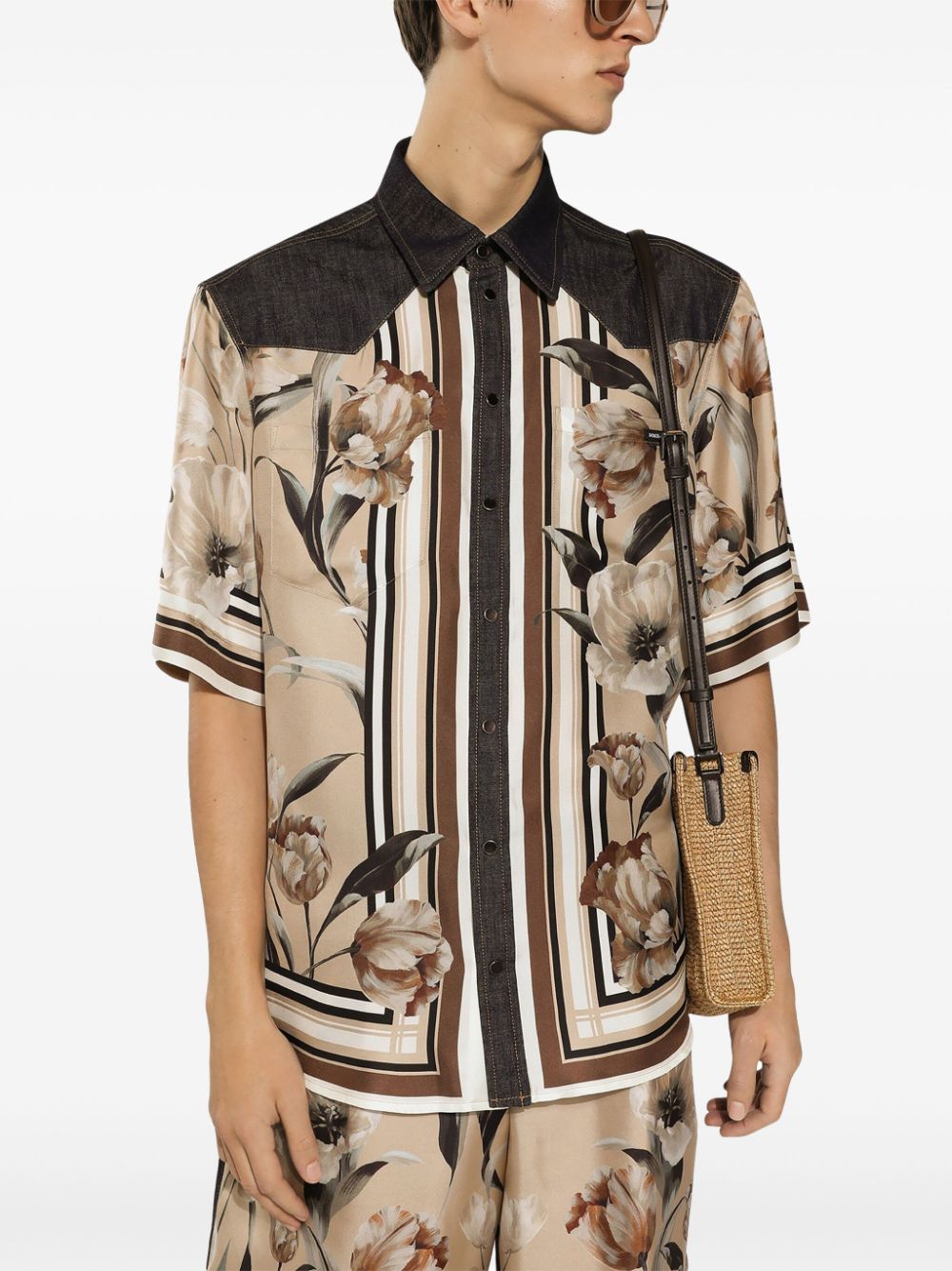 Shop Dolce & Gabbana Floral-print Denim Shirt In Brown