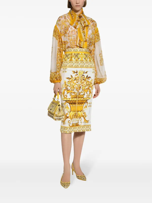 Dolce & Gabbana Majolica-print Silk Pencil Skirt | Yellow