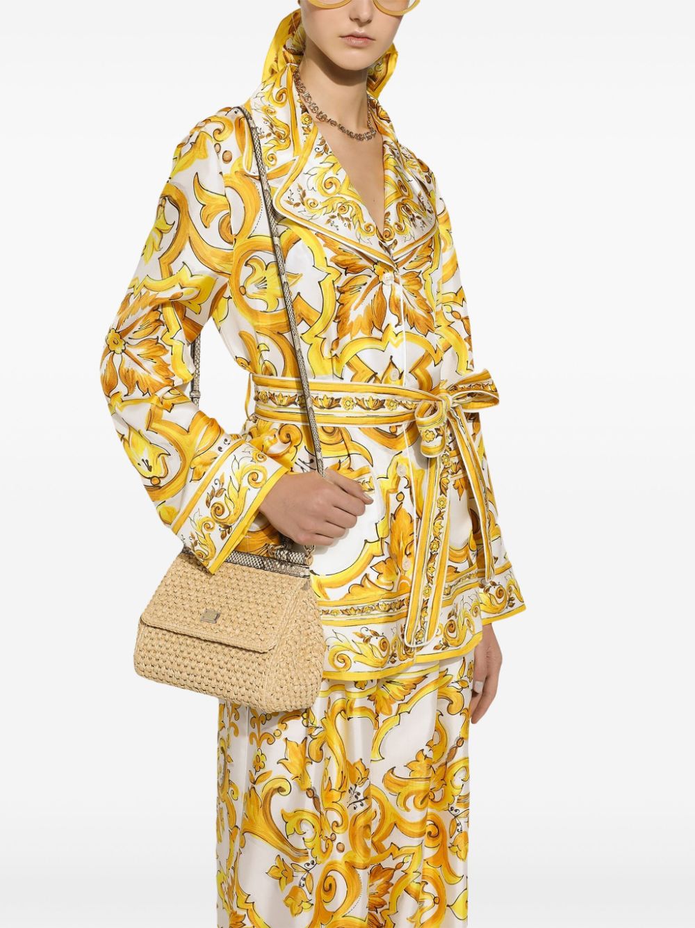 Shop Dolce & Gabbana Majolica-print Belted Shirt In Yellow