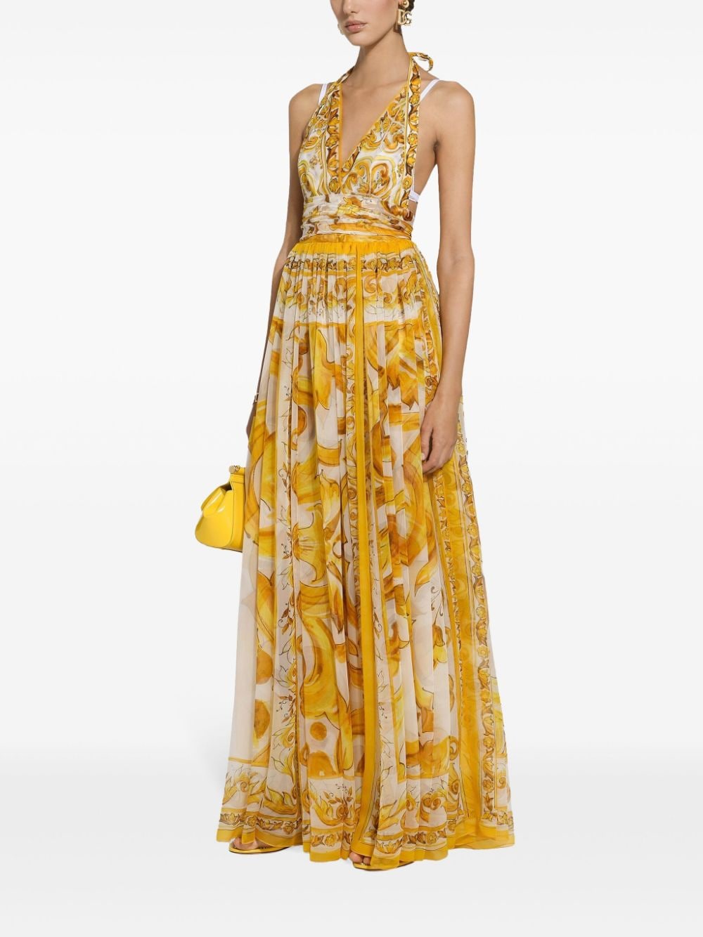 Shop Dolce & Gabbana Majolica-print Silk Maxi Dress In Yellow