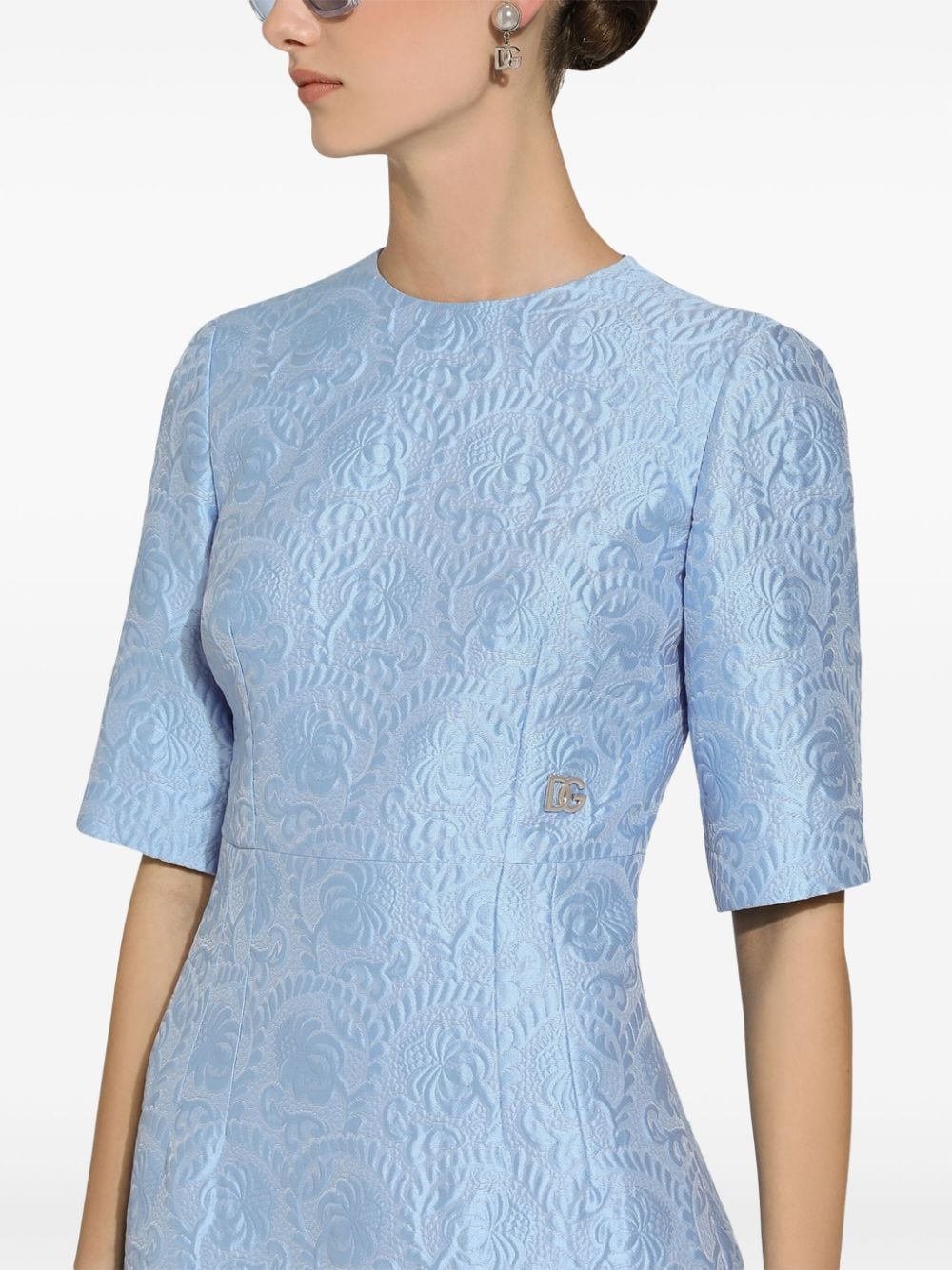 Shop Dolce & Gabbana Short-sleeve Brocade Midi Dress In Blue