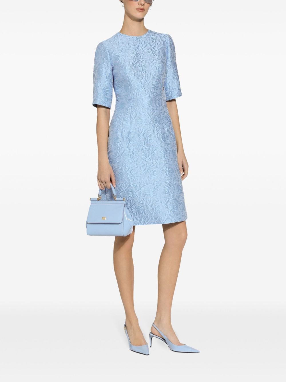 Shop Dolce & Gabbana Short-sleeve Brocade Midi Dress In Blue