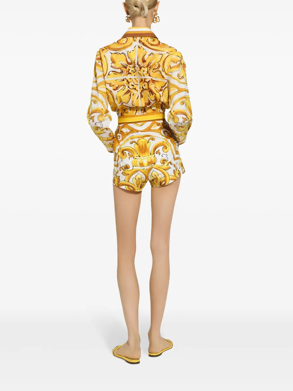 Dolce & Gabbana Yellow And White Short With Majolica Print In Cotton Woman In Yellow