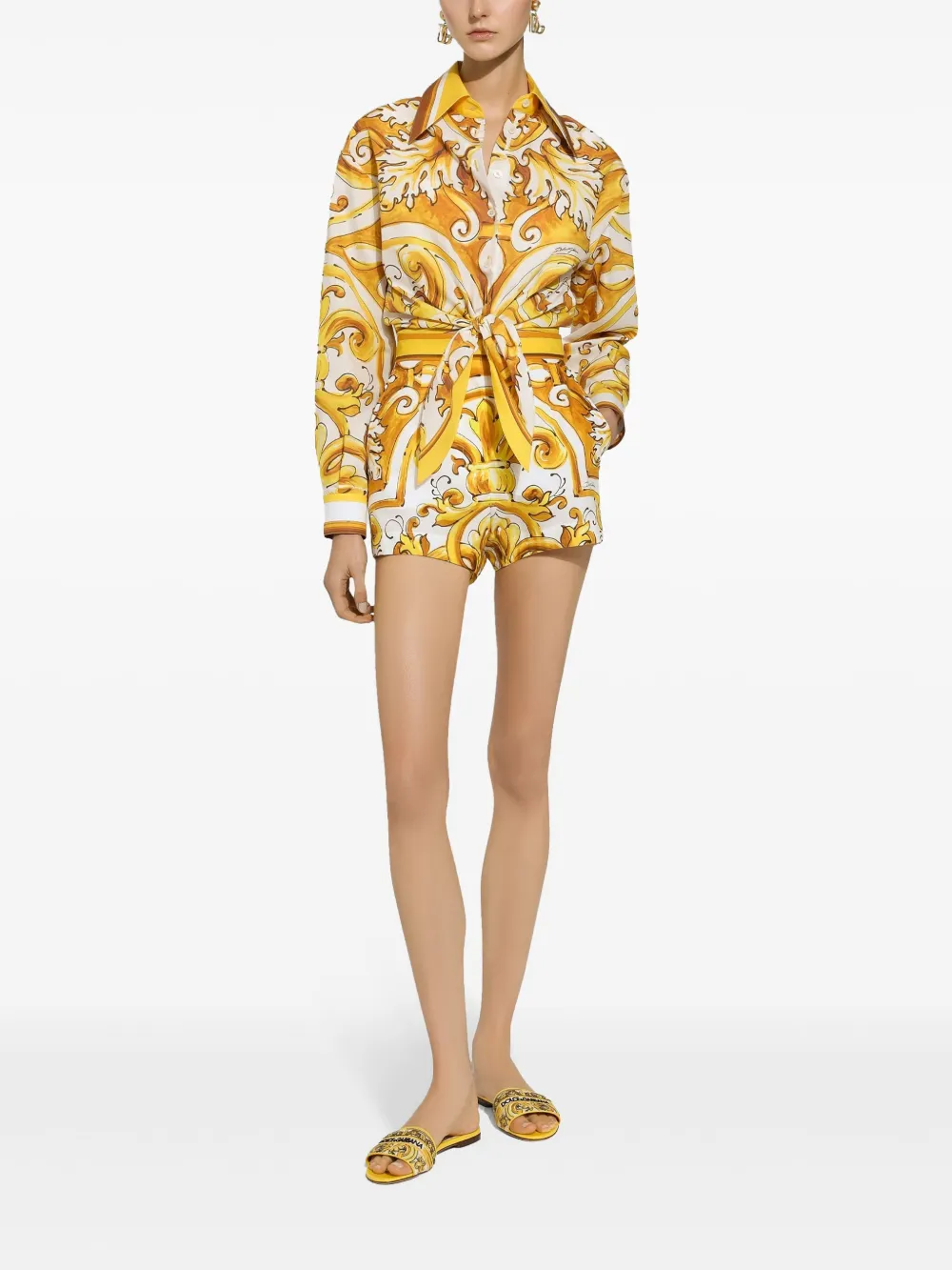 Dolce & Gabbana Yellow And White Short With Majolica Print In Cotton Woman In Yellow