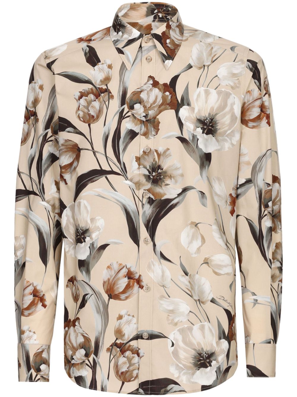 Dolce & Gabbana Floral-print Poplin Shirt In Neutrals