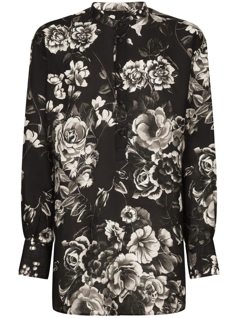 Dolce & Gabbana Floral-print Linen Shirt In Black
