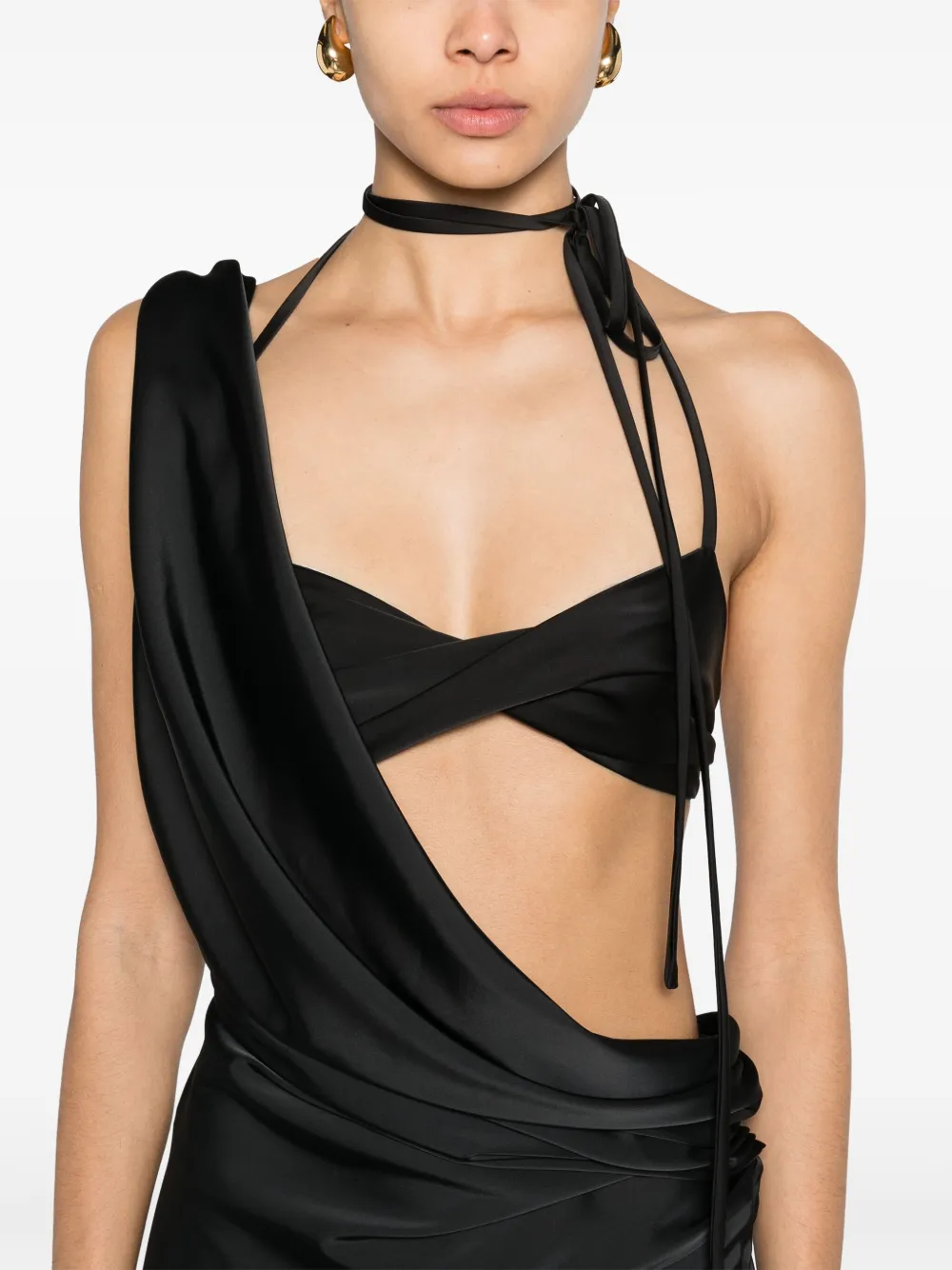 Shop Atu Body Couture X Rue Ra Asymmetric Satin Gown In Black