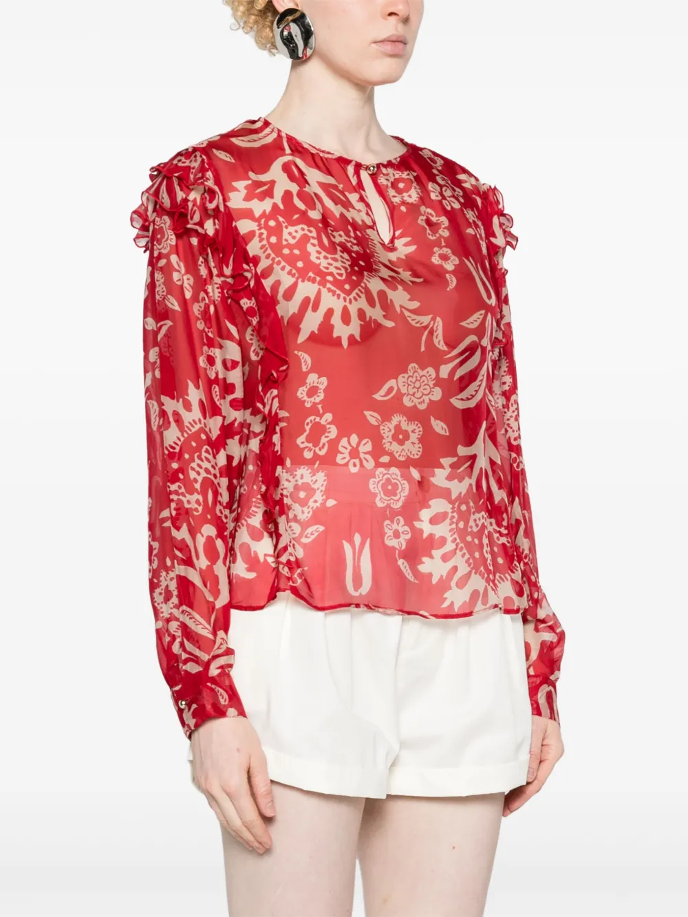 Shop Liu •jo Floral-print Sheer Blouse In Rot