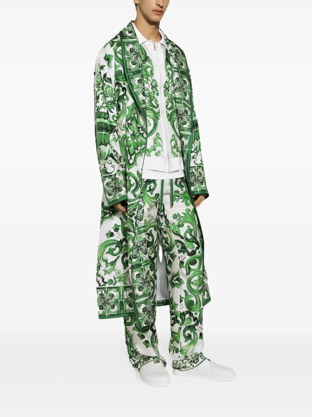Dolce & Gabbana Silk Twill Jogging Pants With Majolica Print In Green