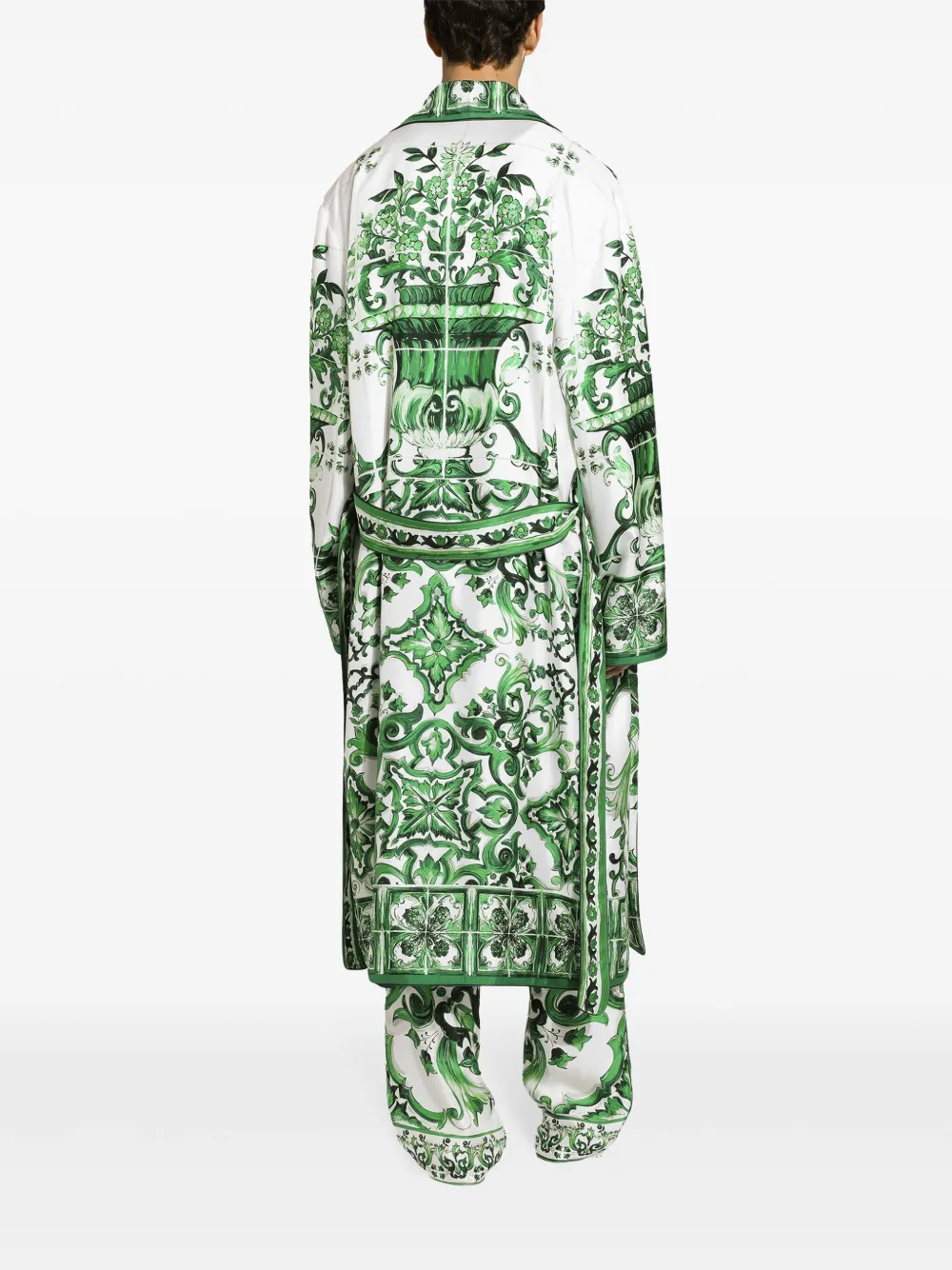 Dolce & Gabbana Silk Twill Jogging Pants With Majolica Print In Green