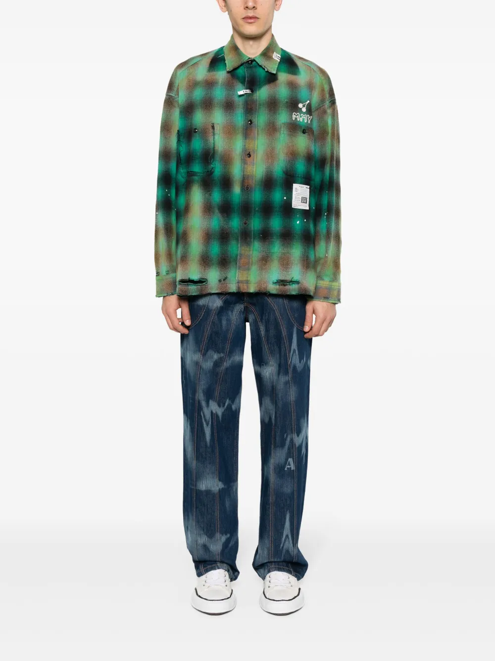 Shop Miharayasuhiro Distressed Check-print Shirt In Green