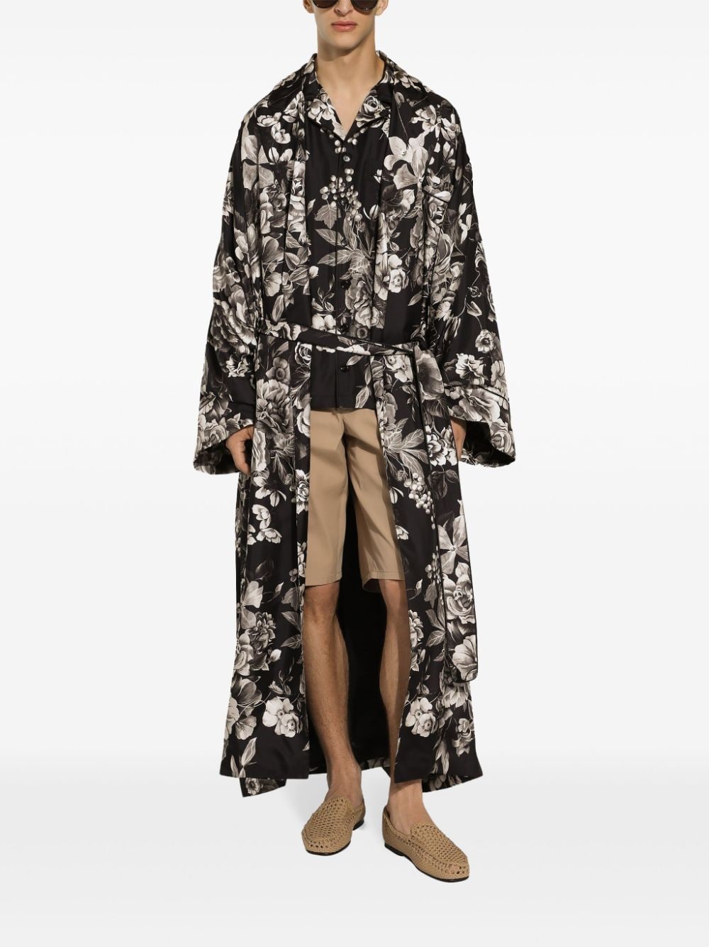 Shop Dolce & Gabbana Floral-print Silk Robe In Black