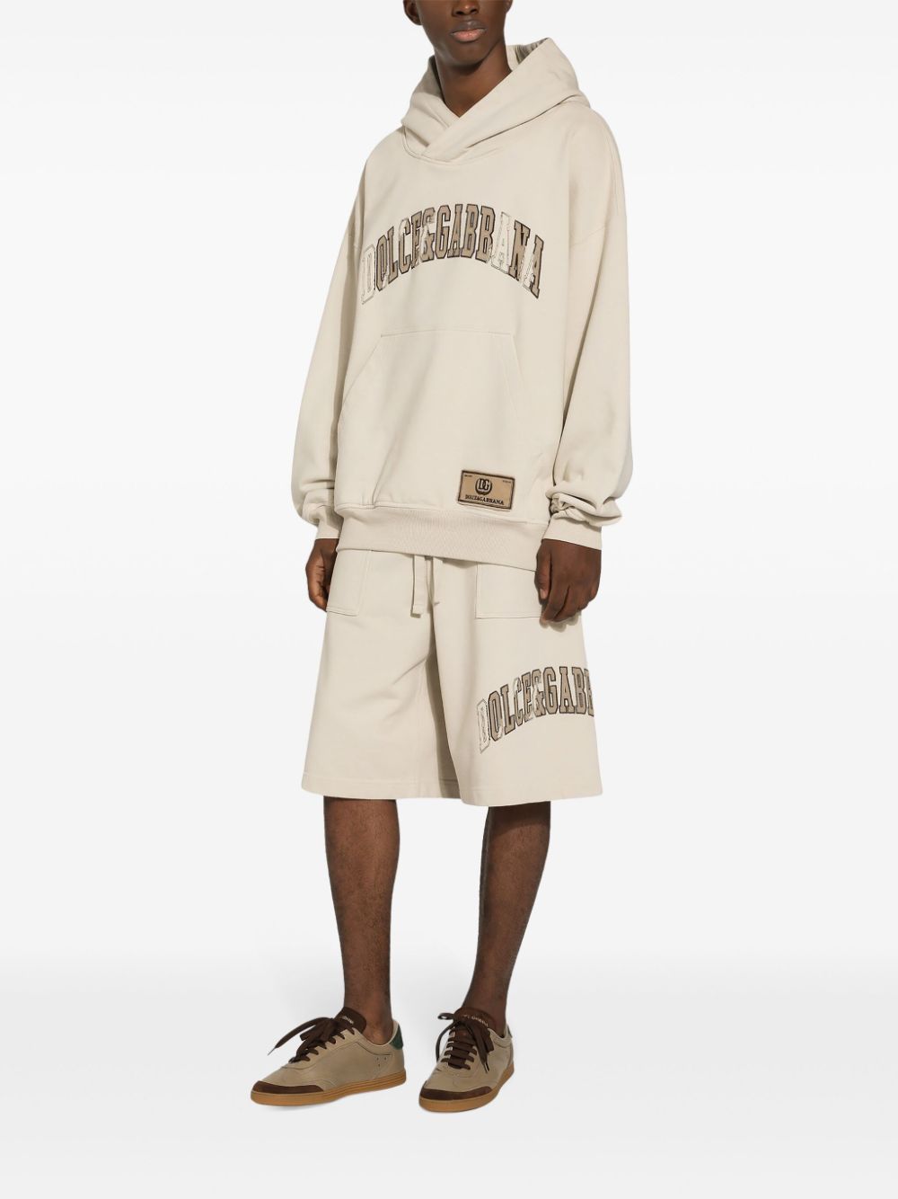 Shop Dolce & Gabbana Logo-embroidered Cotton Hoodie In Neutrals