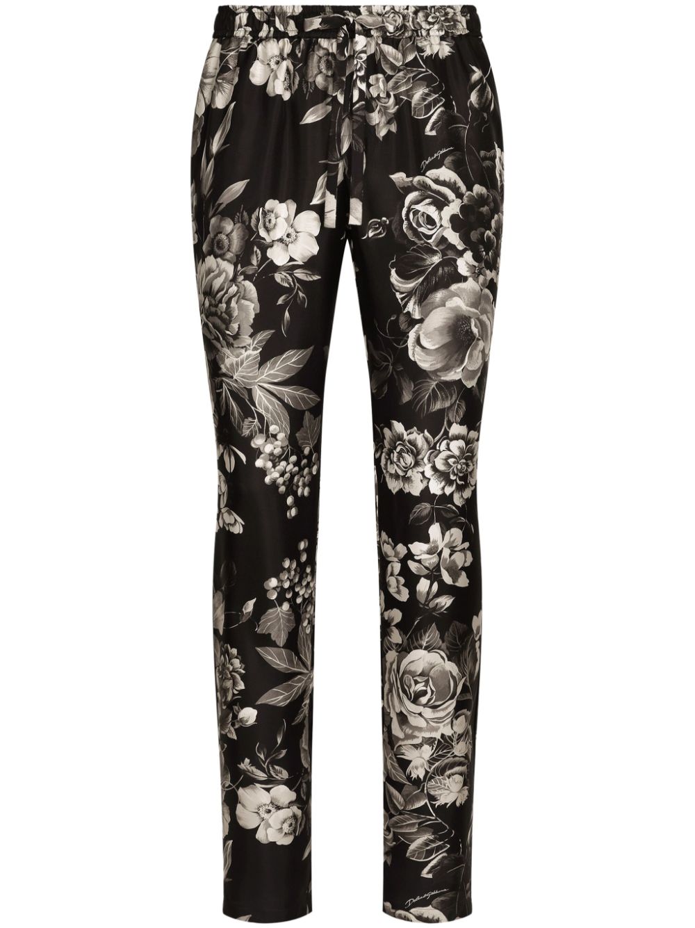 Dolce & Gabbana Floral-print Silk Track Trousers In Black