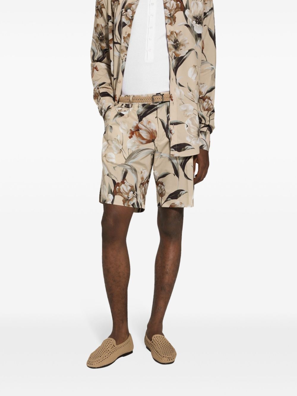 Shop Dolce & Gabbana Floral-print Silk Bermuda Shorts In Neutrals