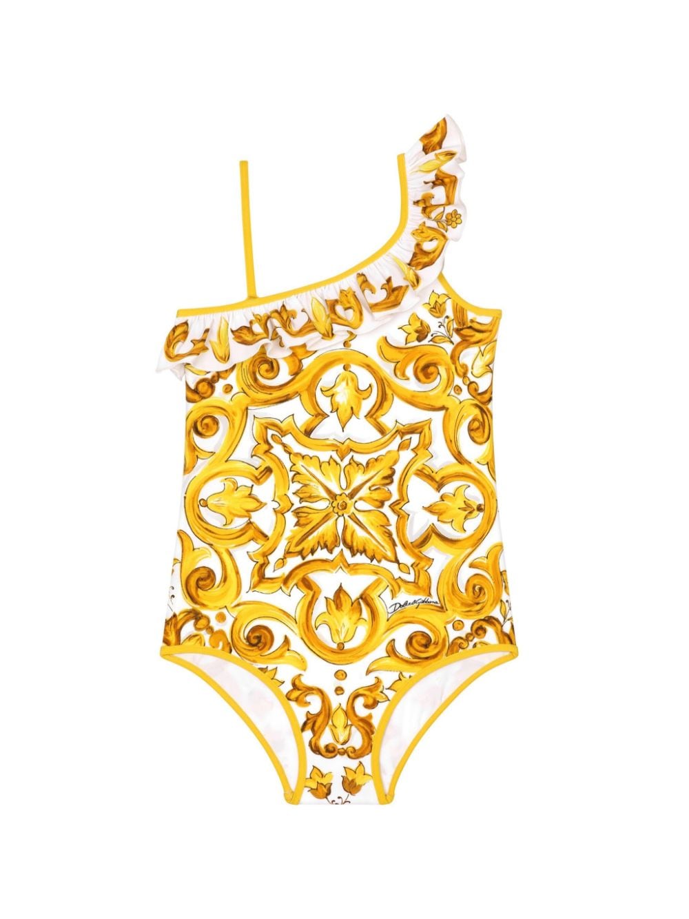 Dolce & Gabbana Kids' Majolica-print Ruffled Swimsuit In Yellow