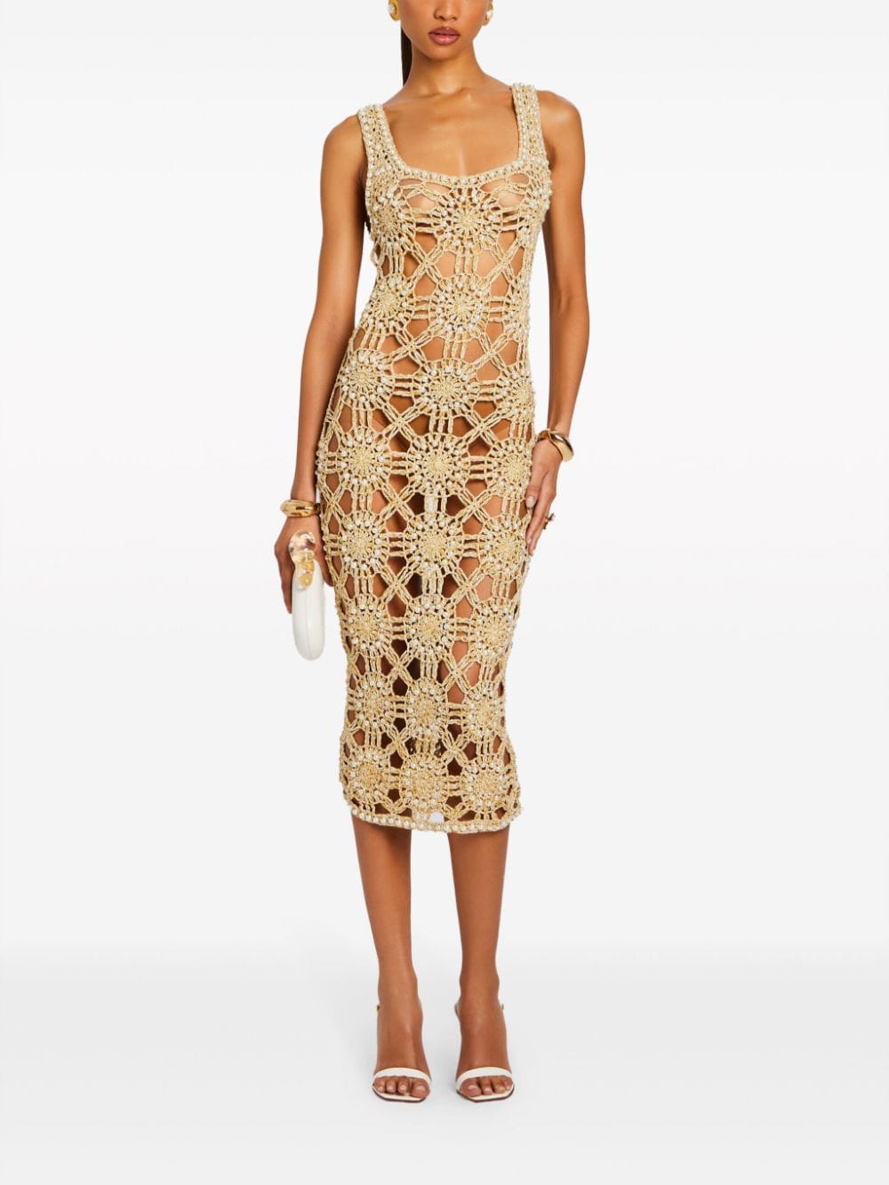Shop Retroféte Saffron Knit Crochet Dress In Gold