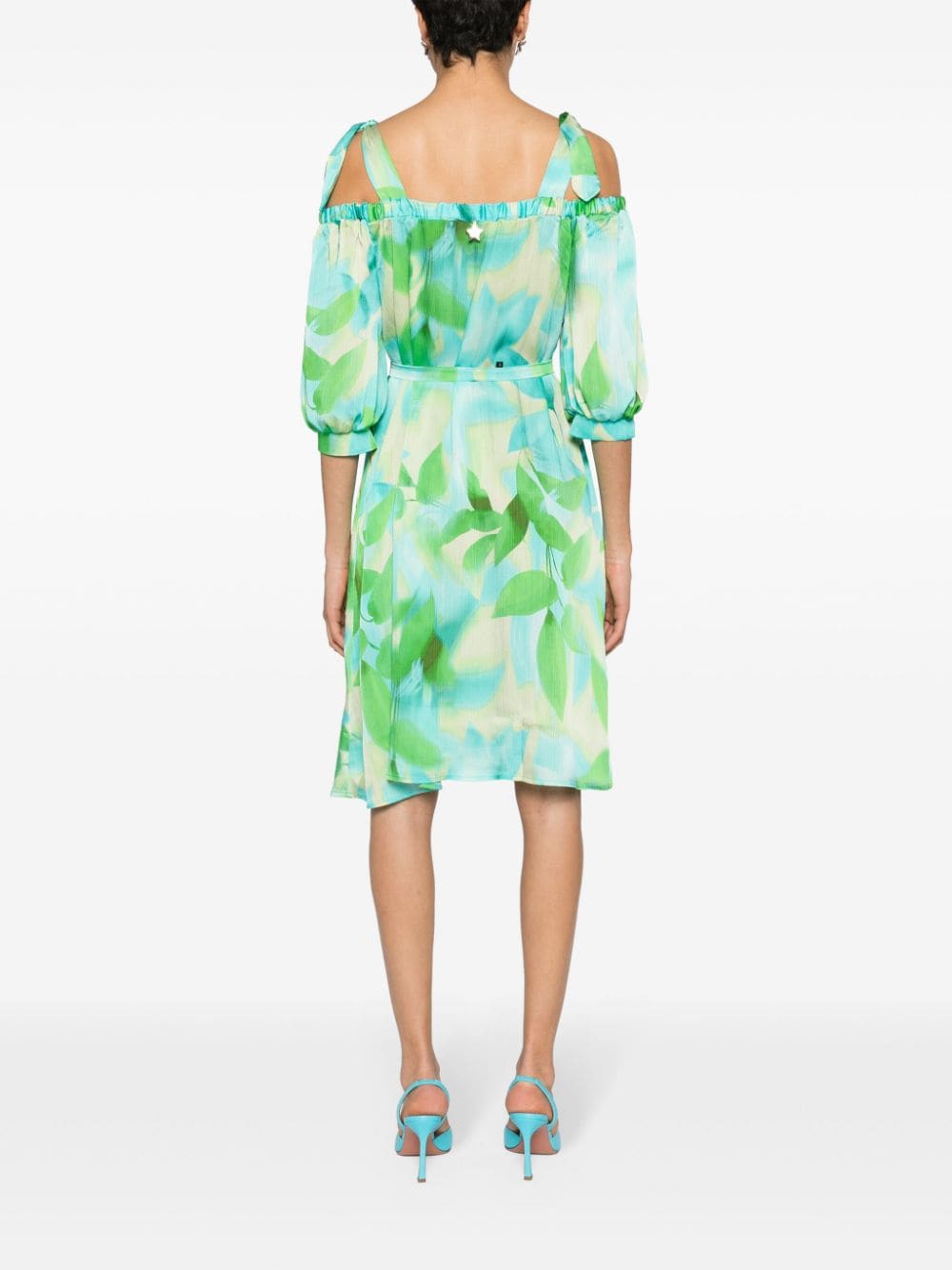 Shop Liu •jo Botanical-print Cold-shoulder Dress In Green