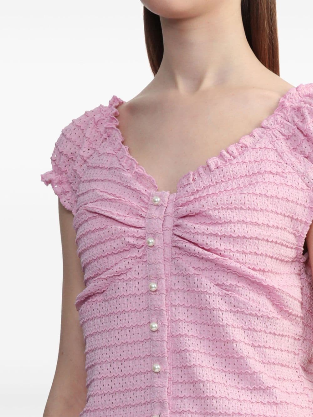 Shop Tout A Coup Ruffled Lace Crop Top In Pink