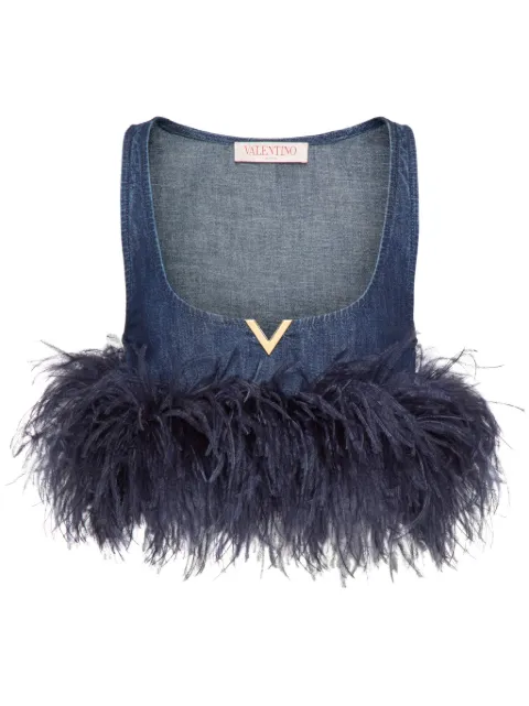Valentino Garavani feather-trim denim crop top