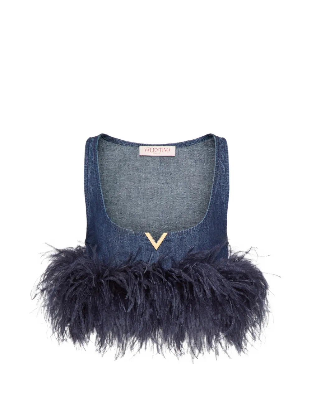 Valentino Garavani Top corto denim con piume - Blu