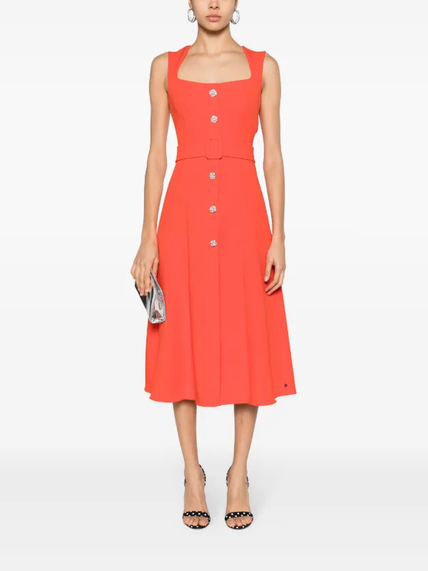 orange belted midi dress Orange Belted Midi Dress Crew Neck Short Sleeve Button Casual Women