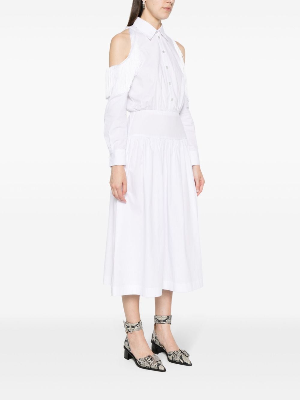 Shop Pinko Midi Flared Shirt Dress In White