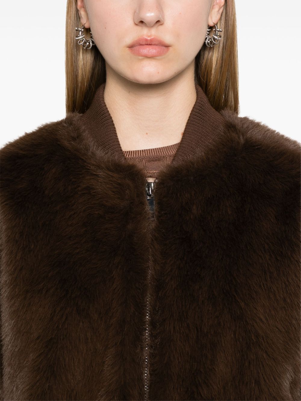 Shop P.a.r.o.s.h Faux-fur Zip-up Coat In Brown