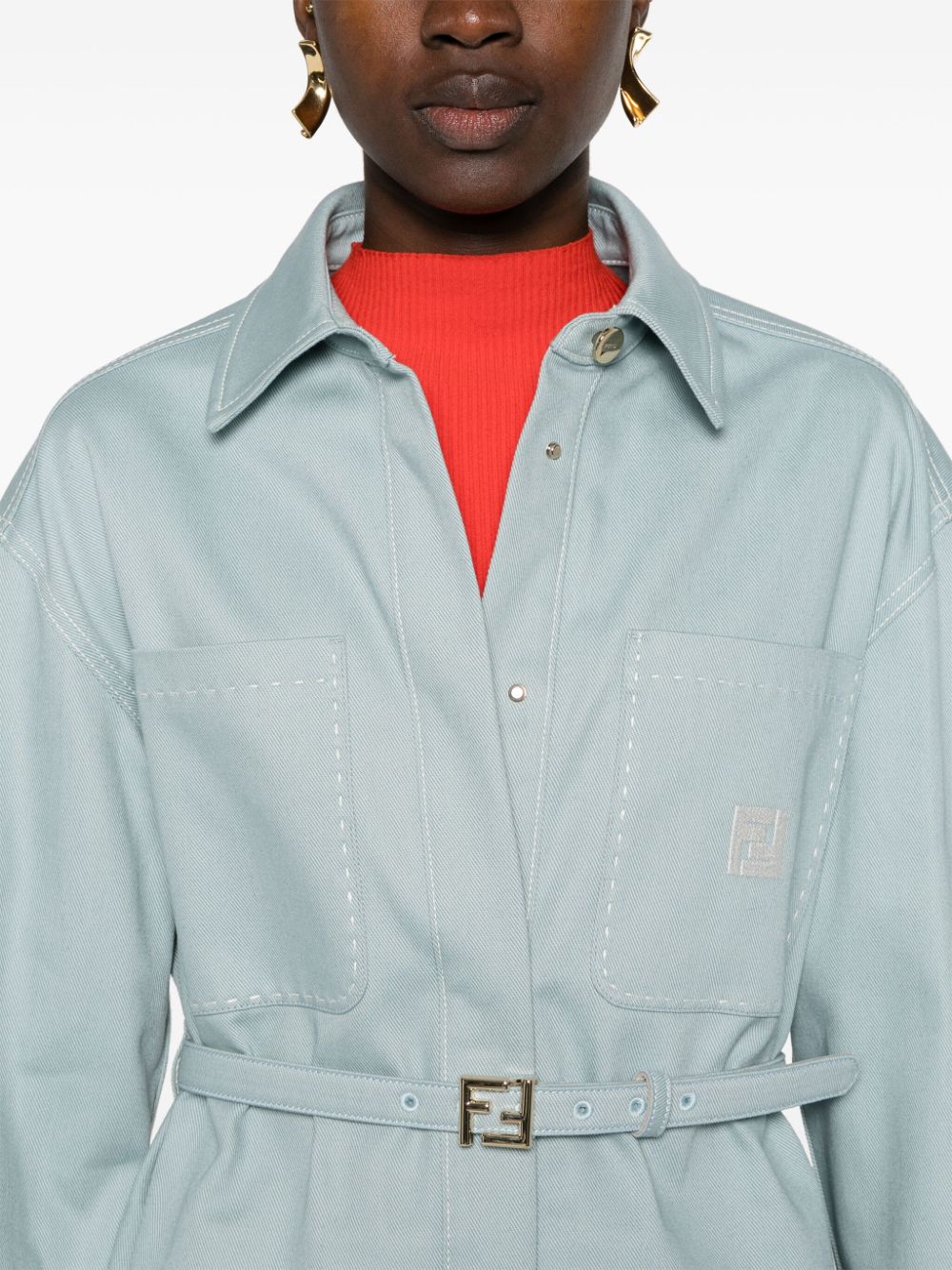 Shop Fendi Belted Denim Jacket In Blue