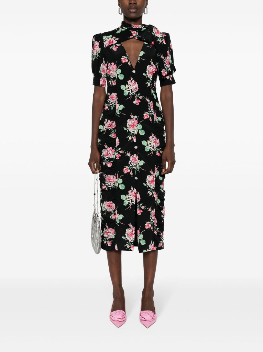 Shop Alessandra Rich Floral-print Ruched-detail Dress In Black
