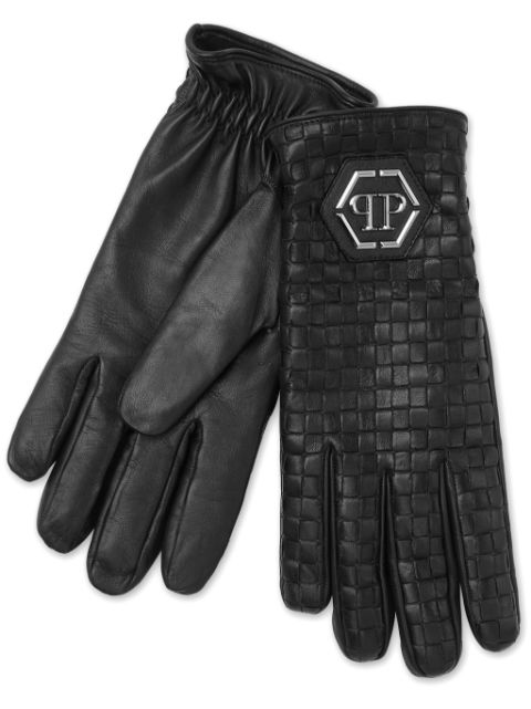 Philipp Plein Hexagon interwoven leather gloves Men