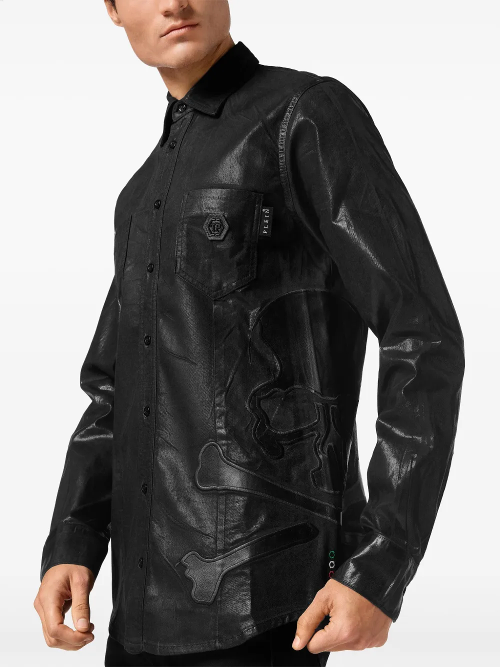Philipp Plein Denim overhemd met doodskoppatch Zwart