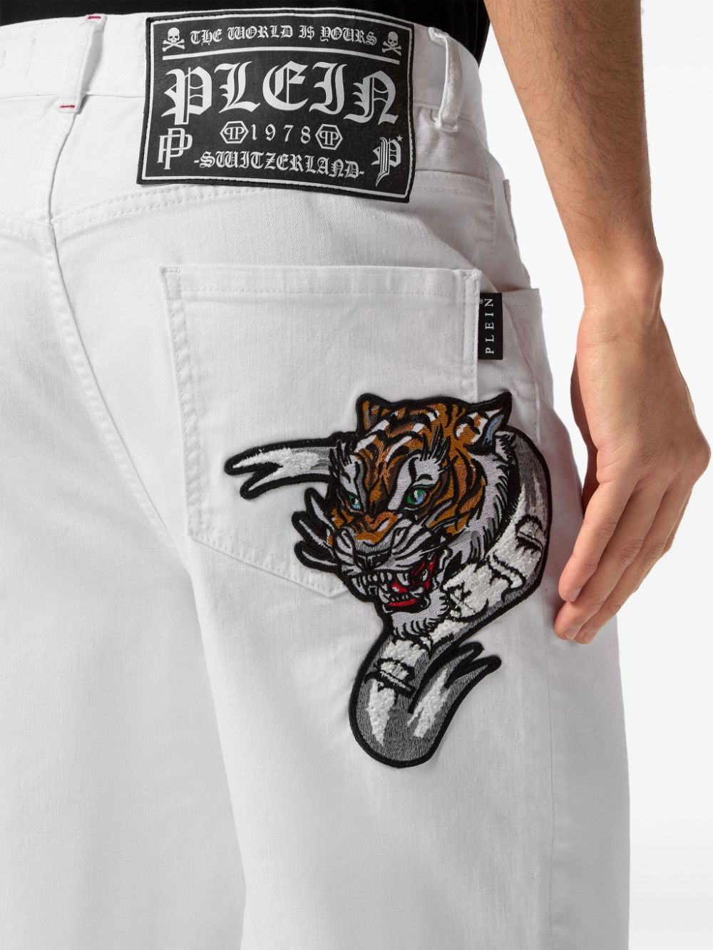 Shop Philipp Plein Patch-detail Denim Shorts In White