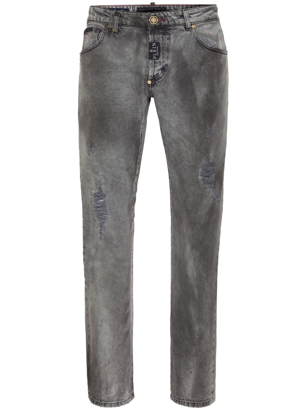 Philipp Plein Distressed Low-rise Straight-leg Jeans In Gray