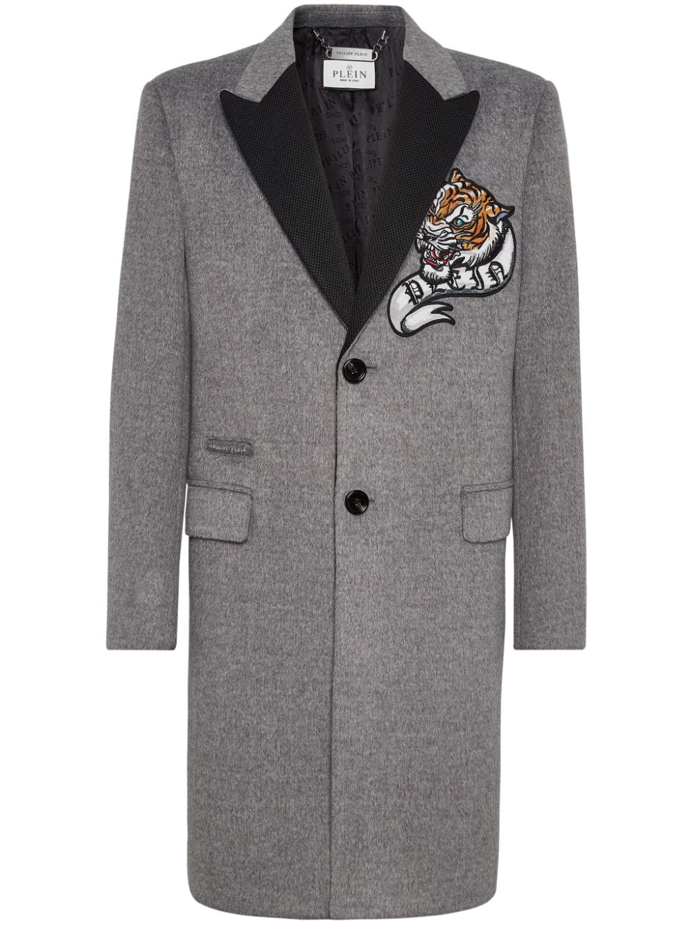 Philipp Plein Tiger-patch Single-breasted Coat In Gray