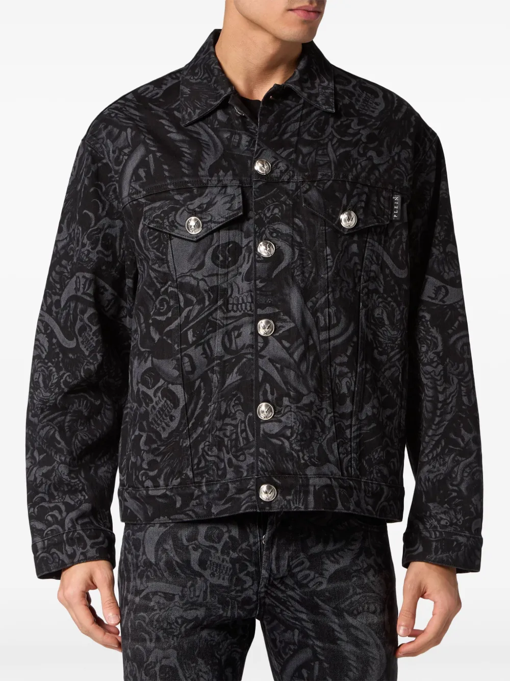 Philipp Plein Denim jack met print Zwart