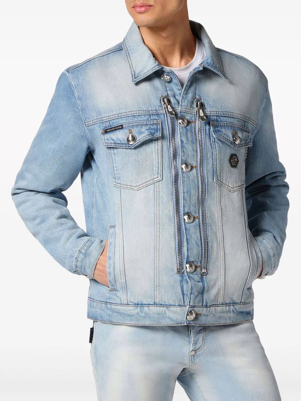 Philipp Plein crystal-logo denim jacket - Blauw