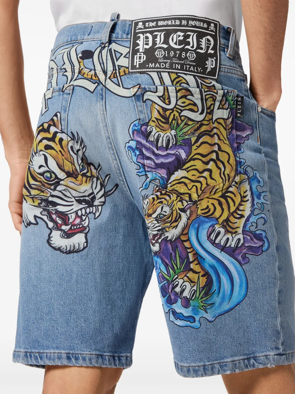 Philipp Plein Denim shorts met tijgerprint Blauw