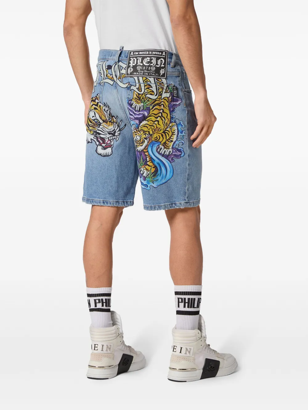 Philipp Plein Denim shorts met tijgerprint Blauw