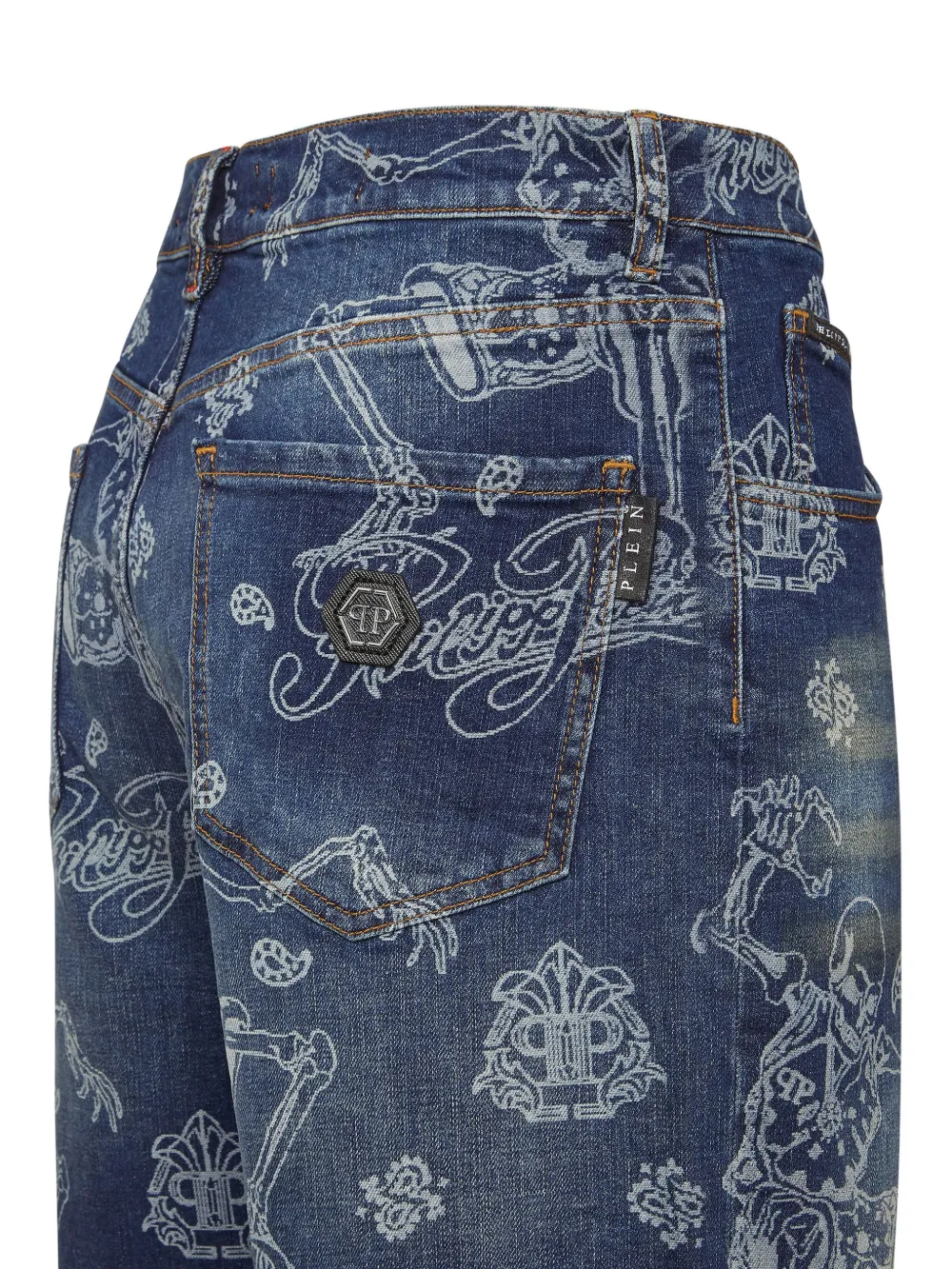 Philipp Plein Spijkershorts met skeletprint - Blauw