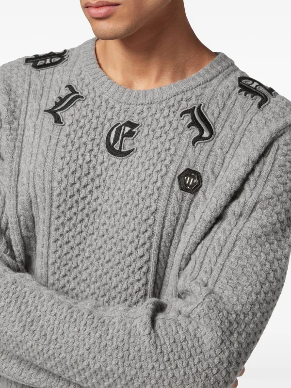 Philipp Plein ロゴ ケーブルニット セーター | グレー | FARFETCH JP
