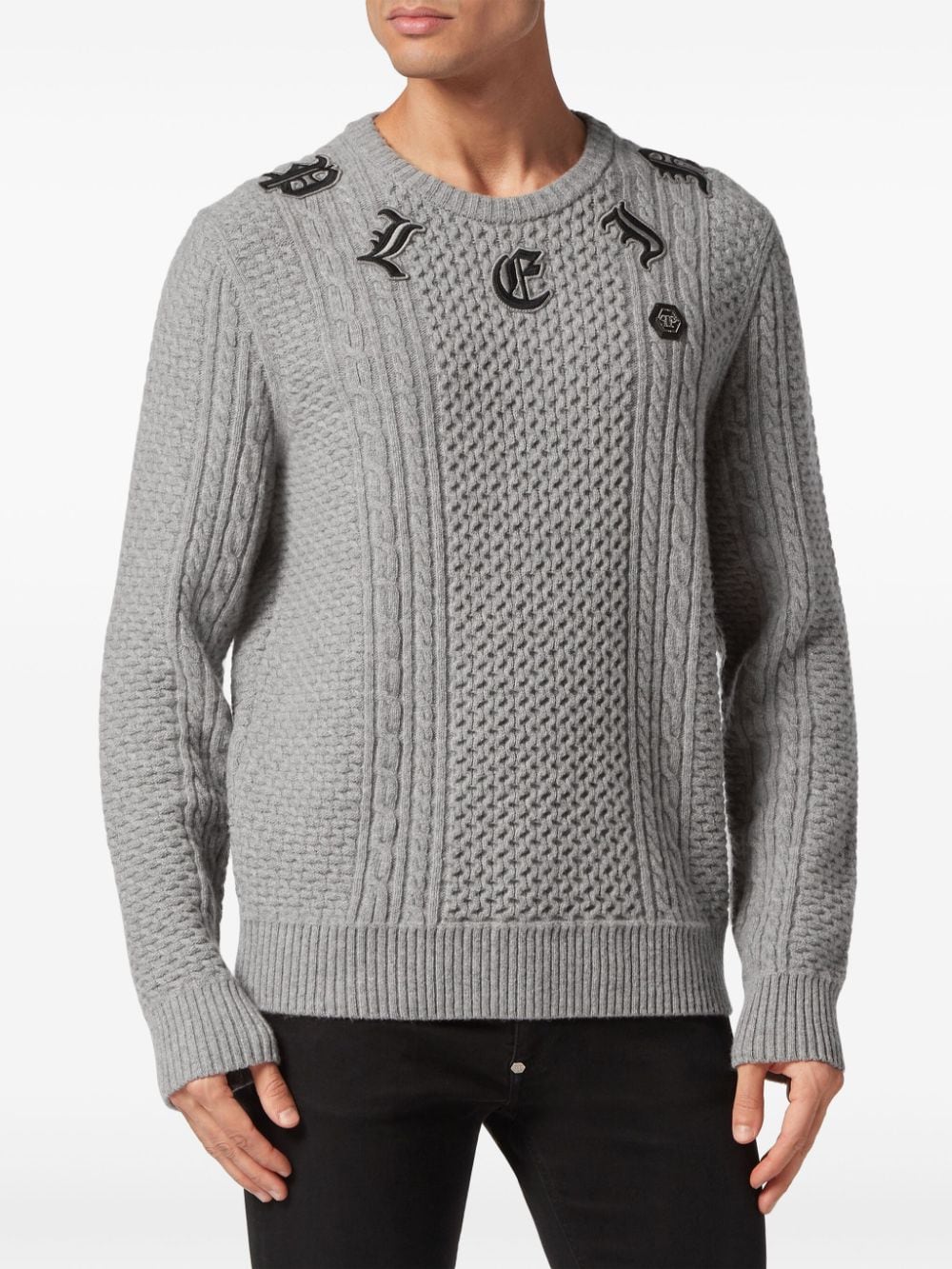 Philipp Plein logo-appliqué cable-knit jumper - Grijs