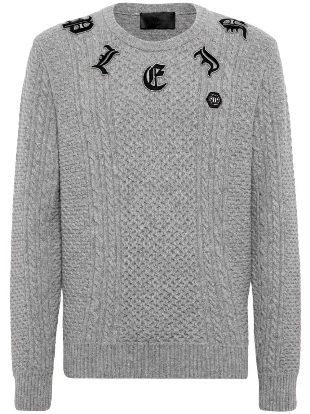 Philipp Plein logo-appliqué cable-knit jumper Grijs