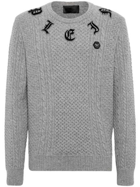 Philipp Plein logo-applique cable-knit jumper Men