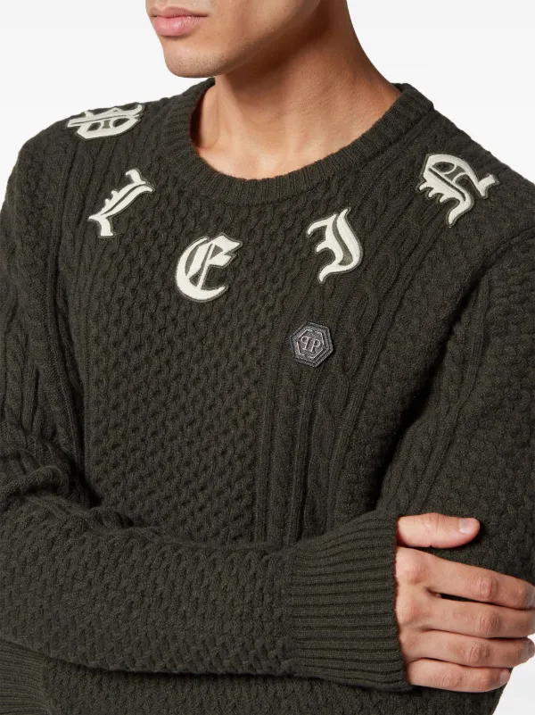 Philipp Plein logo-appliqué cable-knit Jumper Green FARFETCH OM
