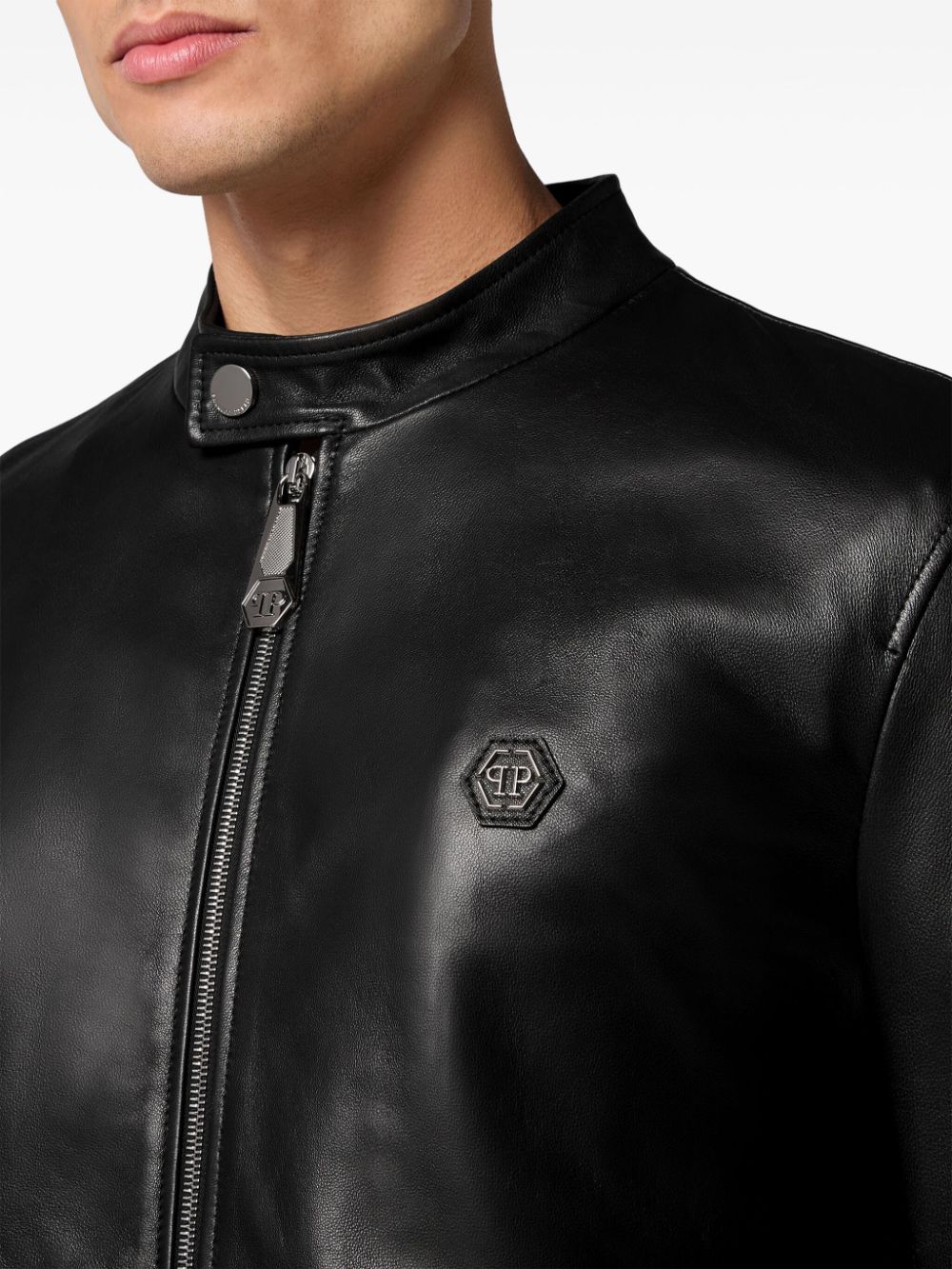 Shop Philipp Plein Leather Moto Jacket In Black