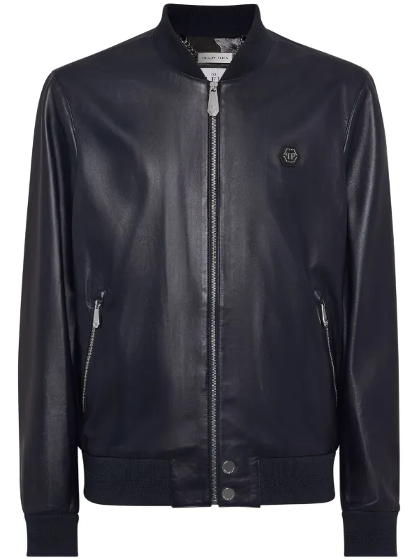 Philipp Plein Leather Bomber Jacket Blue FARFETCH CA