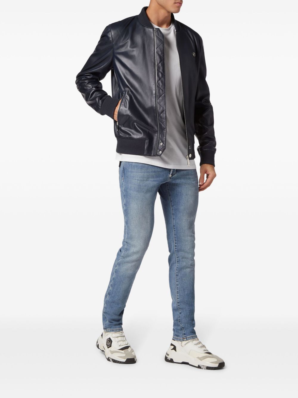 Shop Philipp Plein Leather Bomber Jacket In Blue