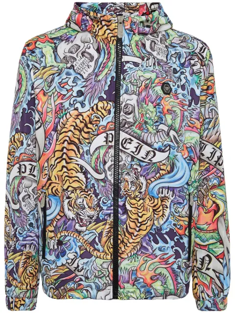 Philipp Plein tattoo-print hooded windbreaker jacket
