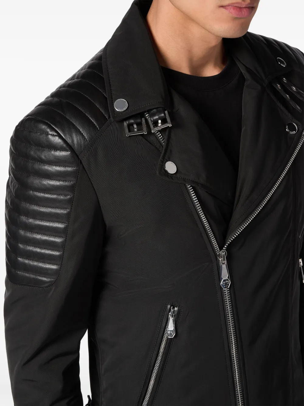 Philipp Plein padded-detail leather biker jacket Men